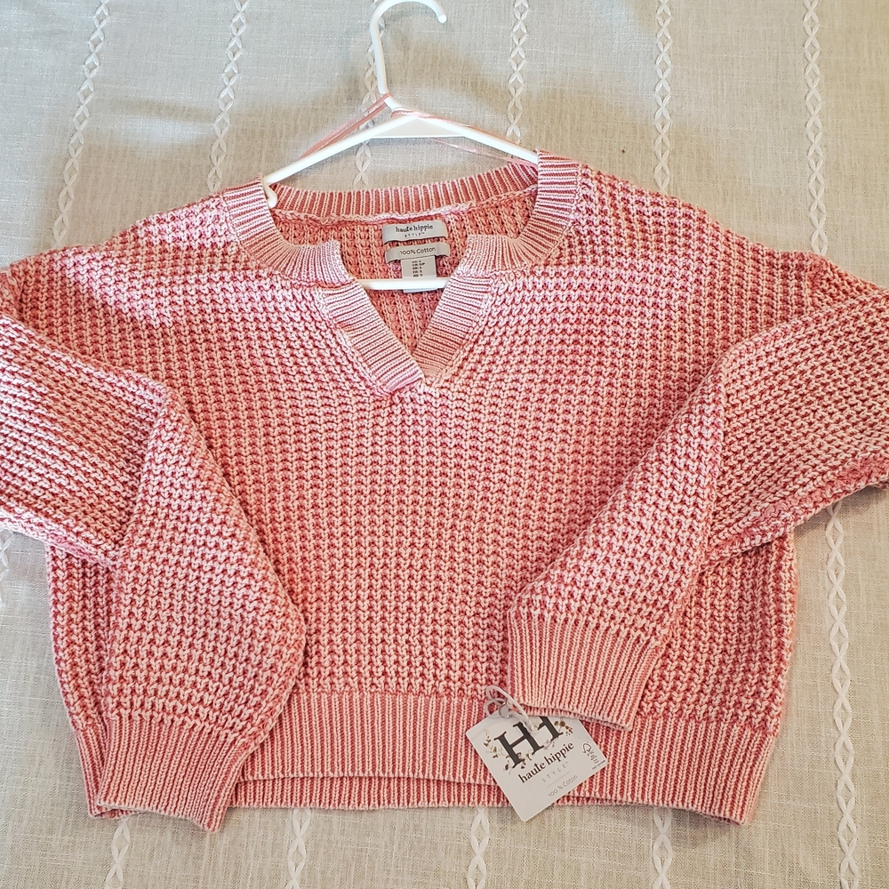 Light Pink Cable Knit Cropped V-neck sweater - Picture 1 of 5